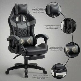 RESIGILAT- Scaun gaming, sistem iluminare bandă LED RGB, masaj în perna lombară, suport picioare, Negru/Gri