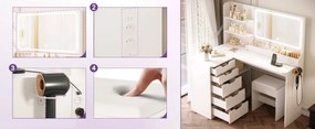 SEA496 - Set Masa toaleta 120 cm pentru colt, cosmetica machiaj, oglinda cu LED, masuta vanity cu scaun tapitat, cu Prize, USB si Suport Uscator par