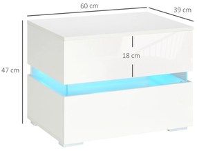 Noptieră cu LED HOMCOM | 2 Sertare cu Luciu | LED-uri RGB cu 16 Culori și 4 Moduri | Telecomandă | Alb | Aosom Romania