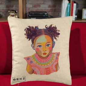 Perna Decorativa Fetita Vesela Portret Colorat, 40x40 cm, Bej, Husa Detasabila, Perna Inclusa, BEKZ®
