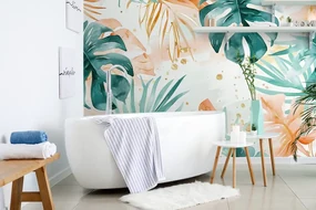 Tapet frunze tropicale verde-portocaliu