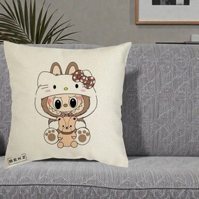 Perna Personalizata Labubu x Hello Kitty Maro-Vintage, 40x40 cm, Ecru, Husa Detasabila, Perna Inclusa, BEKZ®