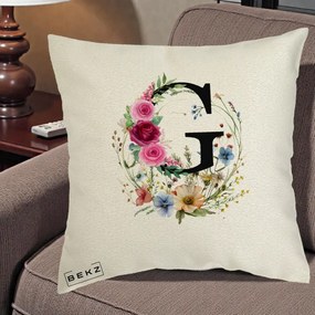 Cadou Personalizat - Perna Personalizata Monogram Litera G cu Flori Acuarela, 40x40 cm, Ecru, Husa Detasabila, Perna Inclusa, BEKZ®