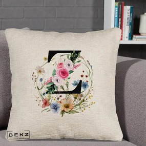 Cadou Personalizat - Perna Personalizata Monograma Florala Litera Z cu Coroana, 40x40 cm, Bej Canapea, Husa Detasabila, Perna Inclusa, BEKZ®