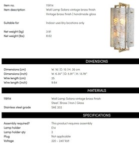 Aplica de perete LUX sticla, alama vintage Solara