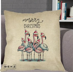 Perna Decorativa Flamingo Merry Christmas, 40x40 cm, Crem, Husa Detasabila, Perna Inclusa, BEKZ®
