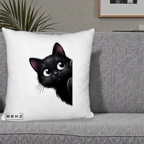 Perna Decorativa Pisica Neagra Dragalasa Curioasa, 40x40 cm, Alb Pufos, Husa Detasabila, Perna Inclusa, BEKZ®