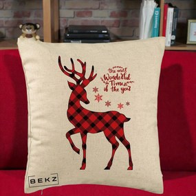 Perna Decorativa Ren Buffalo Plaid Craciun, 40x40 cm, Bej, Husa Detasabila, Perna Inclusa, BEKZ®