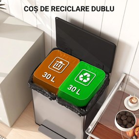 HOMCOM Coș de gunoi dublu cu pedală, 2 găleți de 30L și capac amortizat, gri | Aosom Romania