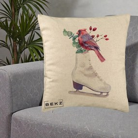 Perna Decorativa Cardinal Rosu pe Patina de Gheata, 40x40 cm, Bej, Husa Detasabila, Perna Inclusa, BEKZ®