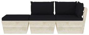 Set mobilier gradina din paleti cu perne, 3 piese, lemn molid Negru, colt + mijloc + suport pentru picioare, 1