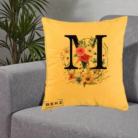 Cadou Personalizat - Perna Personalizata Monogram Litera M cu Flori Acuarela, 40x40 cm, Galben, Husa Detasabila, Perna Inclusa, BEKZ®