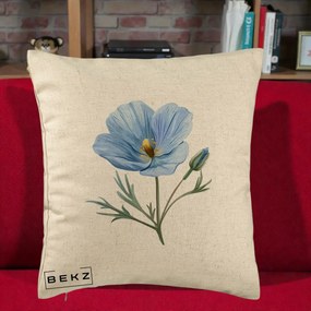 Perna Decorativa Mac Albastru Acuarela, 40x40 cm, Bej, Husa Detasabila, Perna Inclusa, BEKZ®