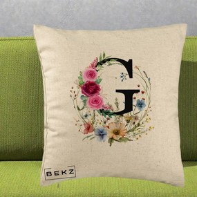 Cadou Personalizat - Perna Personalizata Monogram Litera G cu Flori Acuarela, 40x40 cm, Bej, Husa Detasabila, Perna Inclusa, BEKZ®