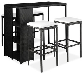 3064914 vidaXL Set mobilier bar de grădină cu perne, 5 piese, negru, poliratan