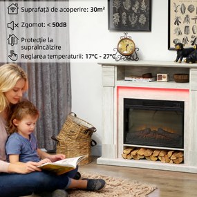HOMCOM Șemineu Electric 1800W Reglabil cu Flacără 3D, Raft, Timer și Telecomandă, 105x27x97 cm, culoare Lemn | Aosom Romania