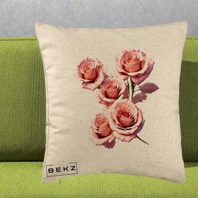 Perna Decorativa Trandafiri Roz Pastel Acuarela, 40x40 cm, Bej, Husa Detasabila, Perna Inclusa, BEKZ®