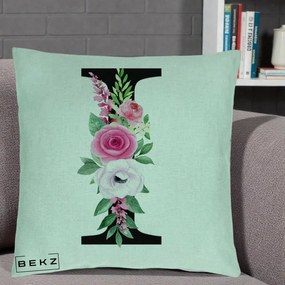 Cadou Personalizat - Perna Personalizata Monograma Florala Litera I, 40x40 cm, Verde Menta, Husa Detasabila, Perna Inclusa, BEKZ®