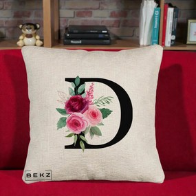 Cadou Personalizat - Perna Personalizata Monograma Florala Litera D, 40x40 cm, Bej Canapea, Husa Detasabila, Perna Inclusa, BEKZ®