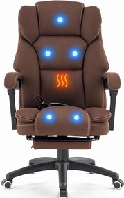 Scaun directorial, Masaj si Incalzire in 7 puncte, spatar rabatabil, suport pentru picioare, material textil premium, Maro inchis