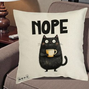 Perna Decorativa NOPE Pisica Neagra Cafea, 40x40 cm, Ecru, Husa Detasabila, Perna Inclusa, BEKZ®