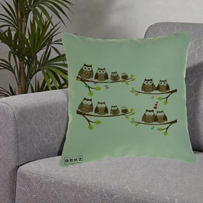 Perna Decorativa Familie de Bufnite pe Ramuri, 40x40 cm, Verde, Husa Detasabila, Perna Inclusa, BEKZ®