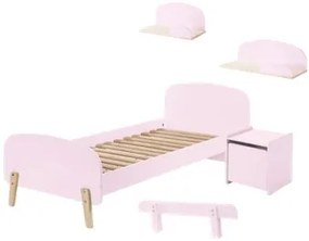 Set KIDDY în roz format dintr-un Pat copii (90x200), noptieră, 2 rafturi de perete (45 și 65 cm) și o bară de siguranță.
