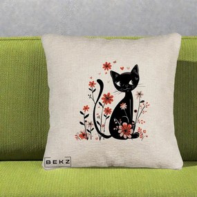 Perna Decorativa Pisica Neagra Flori Roz si Inimi, 40x40 cm, Bej Canapea, Husa Detasabila, Perna Inclusa, BEKZ®