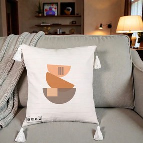 Perna Decorativa Geometric Bauhaus Boluri Portocaliu, 40x40 cm, Bej cu Franjuri, Husa Detasabila, Perna Inclusa, BEKZ®