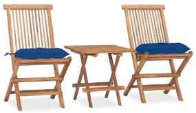 Set mobilier exterior pliabil cu perne, 3 piese, lemn masiv tec Albastru, 3