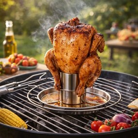 Suport pui la bere pentru grătar, inox, cu tavă colectoare, pentru BBQ și cuptor