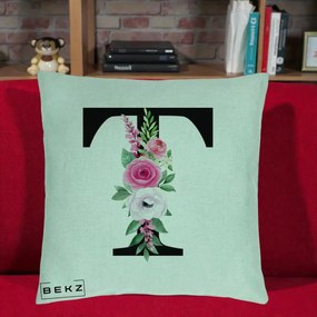 Cadou Personalizat - Perna Personalizata Monograma Florala Litera T, 40x40 cm, Verde Menta, Husa Detasabila, Perna Inclusa, BEKZ®