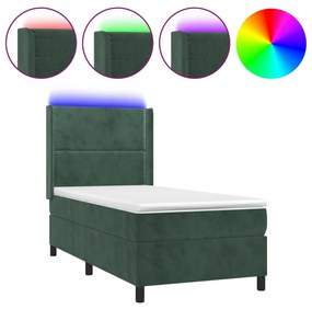 Pat cu arcuri, saltea si LED, verde inchis, 90x190 cm, catifea Verde inchis, 90 x 190 cm, Culoare unica si cuie de tapiterie