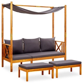 vidaXL Bancă de grădină cu copertină şi taburete, lemn masiv de acacia