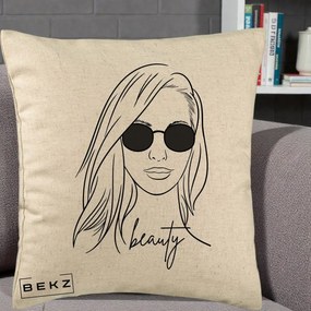Perna Decorativa Beauty Girl Line Art, 40x40 cm, Bej, Husa Detasabila, Perna Inclusa, BEKZ®