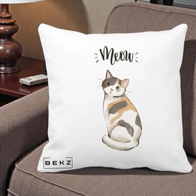 Perna Personalizata Pisica Meow Acuarela, 40x40 cm, Alba Mata, Husa Detasabila, Perna Inclusa, BEKZ®