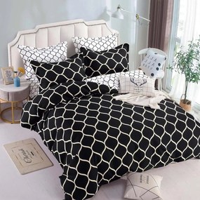 Lenjerie de pat cu elastic, tesatura tip finet, pat 2 persoane, negru, 6 piese, FNJE-85