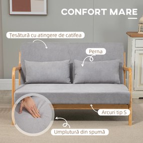 Canapea cu 2 locuri moderna din Lemn cu perne, tasatura cu efect de catifea, 122x71x76 cm, Gri HOMCOM | Aosom Romania