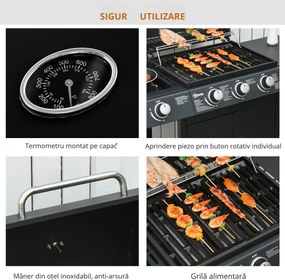 Gratar pe gaz Outsunny cu Capac si Termometru 110x50x100cm Negru | Aosom Romania