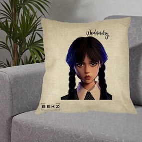 Perna Personalizata Wednesday Addams Portret Realist, 40x40 cm, Crem, Husa Detasabila, Perna Inclusa, BEKZ®