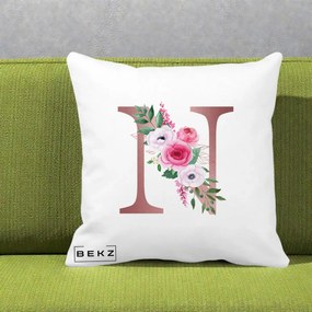 Cadou Personalizat - Perna Personalizata Monograma Rose Gold Litera N, 40x40 cm, Alba Mata, Husa Detasabila, Perna Inclusa, BEKZ®
