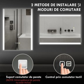 HOMCOM Oglindă LED 50x70 Antiaburire Touch IP44 | Aosom Romania