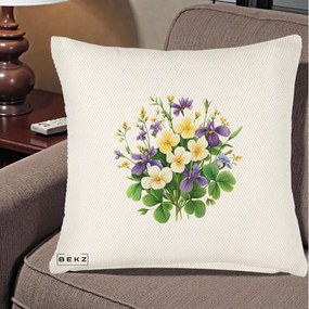 Perna Decorativa Viorele Iris Violet si Trifoi, 40x40 cm, Crem Reliefat, Husa Detasabila, Perna Inclusa, BEKZ®