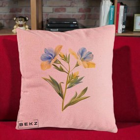 Perna Decorativa Botanica Frezie Galbena si Albastra, 40x40 cm, Roz, Husa Detasabila, Perna Inclusa, BEKZ®