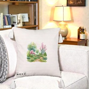 Perna Decorativa Gradina Primavara Acuarela, 40x40 cm, Bej cu Franjuri, Husa Detasabila, Perna Inclusa, BEKZ®