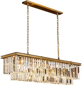 Candelabru dreptunghiular din metal, auriu, cu cristale din sticlă pe două niveluri și lanț reglabil, finisaj satinat, 40 x 125 x 36 cm, „Hilton”
