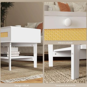 HOMCOM Măsuță de Cafea Dreptunghiulară cu 2 Sertare, Măsuță Boho Joasă din Ratan și Lemn, Dimensiuni 120x50x50 cm, Alb și Lemn Natural | Aosom Romania