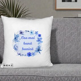 Cadou pentru Bunica - Perna Personalizata Cea Mai Buna Bunica Coronita Flori Albastre Acuarela, 40x40 cm, Alb Pufos, Husa Detasabila, Perna Inclusa, BEKZ®