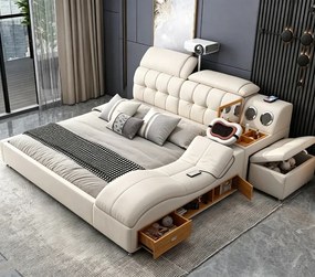 MOBLUX99 Utility 160x200 cm Beige Left Chaise – Pat Inteligent Premium cu Proiector, Vibromasaj, Boxe Bluetooth, Încărcare Wireless și Spații Multiple de Depozitare