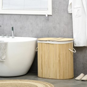 HOMCOM Coș de Rufe din Bambus cu Capac, 100L, 2 Compartimente, 62.5x37x60.5 cm, Natural | Aosom Romania